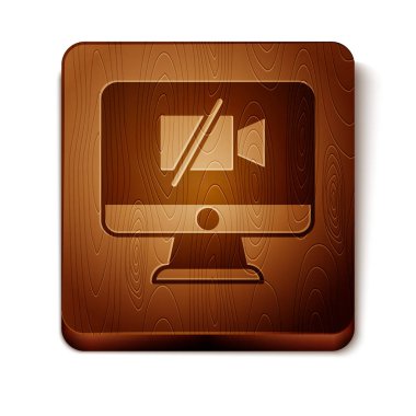 Beyaz arkaplanda izole edilmiş bilgisayar simgesindeki kahverengi video kamera kapalı. Video yok. Tahta kare düğme. Vektör.