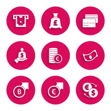 Avro sembolü, mali büyüme ve, para değişimi, kağıt para yığını, bitcoin, el çantası, kredi kartı ve ATM ikonu ile madeni para ayarla. Vektör