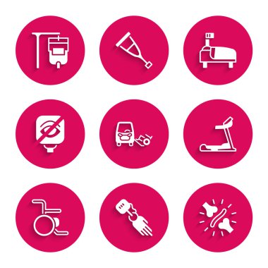 Sakat araba, protez el, eklem ağrısı, diz ağrısı, koşu bandı makinesi, tekerlekli sandalye, körlük, hastane yatağı ve serum torbası ikonu. Vektör