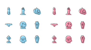 Çizgiyi Haç, Kafatası, Şişe İksiri, Tabut Hristiyan, Sihirli top, Uçan Yarasa ve Zombi el ikonu ile belirleyin. Vektör