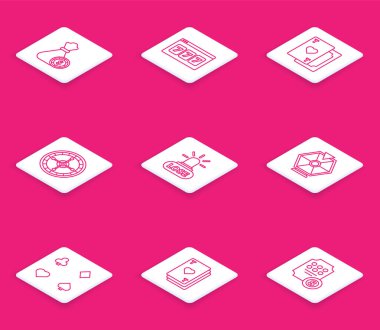 Satır para çantası ve kumarhane fişleri, Online kumar makinesi şanslı yedili büyük ikramiye, kart kalbi, kumarhane ruleti çarkı, kaybeden Lucky, kart ve ikon. Vektör