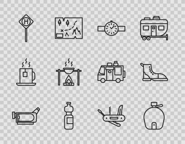Set hattı sinema kamerası, kantin su şişesi, bilek saati, şişe park yeri, kamp ateşi ve esrar, İsviçre çakısı ve yürüyüş botu ikonu. Vektör