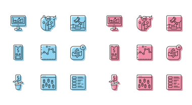 Tarayıcıda Bitcoin, büyüme grafiği olan bilgisayar, iş finans raporu, tarayıcı, mobil hisse senedi ticareti, dolar ve boğa ve pazar ikonu ayısı. Vektör