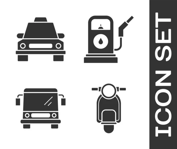 Állítsa Scooter Taxi Autó Busz Benzin Vagy Benzinkút Ikon Vektor — Stock Vector