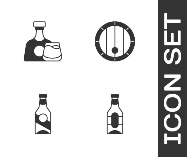 Set Bierflasche Whiskey Und Glas Und Holzfass Symbol Vektor — Stockvektor