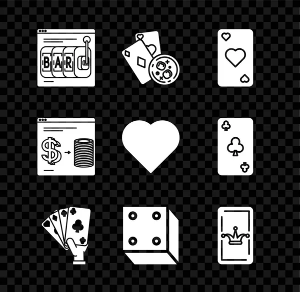 集在线老虎机 扑克牌和威士忌与冰块 心脏符号 手握玩 游戏骰子 赌场芯片交换堆栈美元和图标 — 图库矢量图片