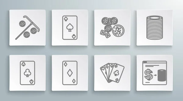 设置线播放卡与俱乐部的符号 在线赌场芯片交换成堆的美元 赌场芯片 游戏骰子和玻璃威士忌冰块 并坚持图标 — 图库矢量图片