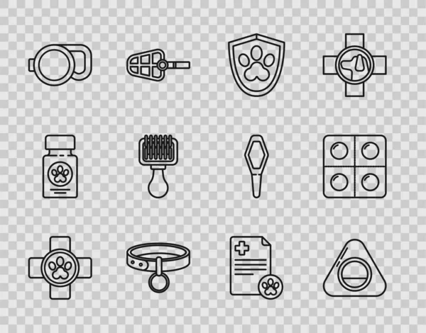 Veterinerlik kliniği sembolü, hayvan sağlığı sigortası yaka kartı, geri çekilebilir ip tasması kedi ve köpek için saç fırçası, pano tıbbi kayıt evcil hayvan ve köpek hapları ikonu. Vektör