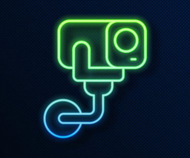 Parlayan neon hat kamera ikonu mavi arkaplanda izole edildi. Vektör