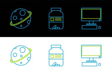 Bilgisayar monitörünü klavye ve fare, Planet and Medicine şişe hapları ikonu ile ayarla. Vektör