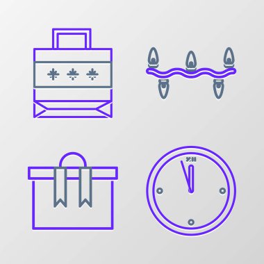 Saati, hediye kutusunu, Noel ışıklarını ve kağıt poşet ikonunu ayarla. Vektör