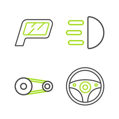 Direksiyon zamanlayıcısı, kemer kiti, yüksek kiriş ve aynalı ikon ayarla. Vektör.