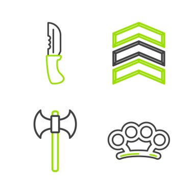 Pirinç muşta, ortaçağ baltası, ordu rütbesi ve bıçak ikonu. Vektör.