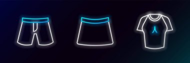 Çizgili tişört, kısa pantolon ve etek ikonu. Parlayan neon. Vektör