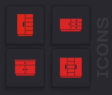 Gardırop, çekmece sandığı ve mobilya komodininin simgesini ayarla. Vektör