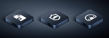 Isometric Tüp 'ü motor yağı, hız göstergesi ve kalkan simgesi olan arabaya ayarlayın. Vektör