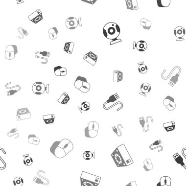 Web kamerasını, bilgisayar soğutucusunu, USB kablo kablosunu ve fareyi kusursuz desene ayarlayın. Vektör