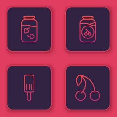 Sıra çilek reçeli kavanozu, dondurma, kiraz ve... Mavi kare düğme. Vektör.