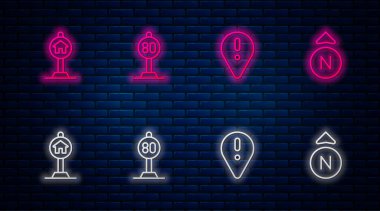Hız limiti trafiği, ünlem işaretli konum, otel işareti ve pusula. Tuğla duvarda parlayan neon simgesi. Vektör
