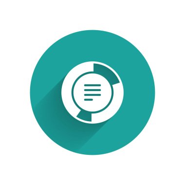 Beyaz Pasta grafiği bilgi simgesi uzun gölge arkaplanı ile izole edildi. Diyagram çizelgesi. Yeşil daire düğmesi. Vektör