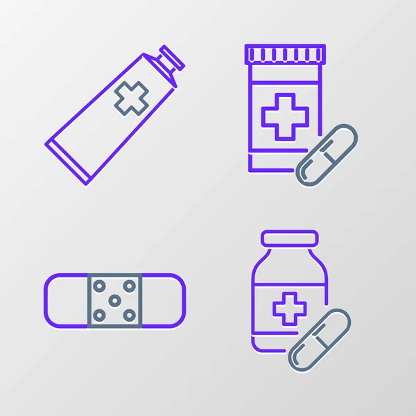 Σετ Γραμμή Φάρμακο Μπουκάλι Και Χάπια Επίδεσμο Γύψο Και Αλοιφή — Διανυσματικό Αρχείο
