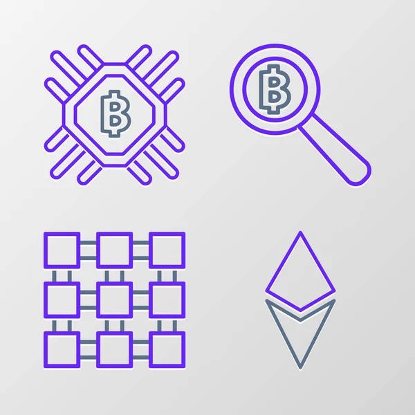 Establezca Línea Moneda Criptomoneda Ethereum Eth Tecnología Blockchain Lupa Con — Vector de stock