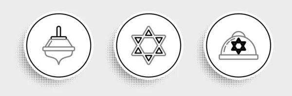Установите Линию Еврейской Кипы Звездой Дэвида Ханукой Дрейдель Иконой Звездного — стоковый вектор