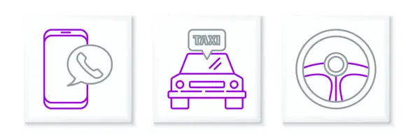 Set Line Steering Wheel Taxi Call Telephone Service Car Icon — Stock Vector