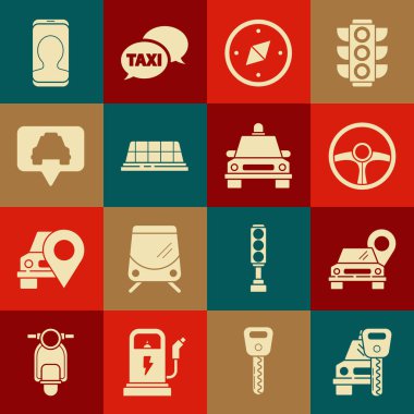 Araba kiralama, taksi, direksiyon, pusula, taksi, taksi, telefon servisi ve ikonu ayarla. Vektör