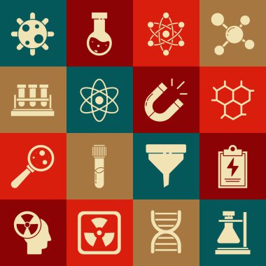 Test tüpü şişesini standa koyun, kontrol listeli laboratuvar panosu, kimyasal formül, atom, kimyasal, bakteri ve mıknatıs simgesi. Vektör