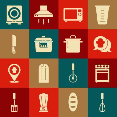 Mutfak çırpıcısı, fırın, konuşma balonunda aşçı şapkası mikrodalga fırın, Yavaş fırın, bıçak, elektrikli soba ve tencere ikonu. Vektör