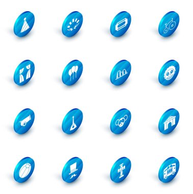 Set Hand oyun kartları, sirk bileti, klasik bisiklet, perde yükseltileri, Gülle, kurdeleli balonlar, palyaço kafası ve Roller Coaster ikonu. Vektör