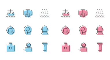 İlk yardım çantası, gösterge ölçeği, sudaki balıkçı teknesi, el feneri, dalış kaputu, şamandıra, Lifebuoy ve maske simgesi. Vektör