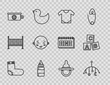 Sıraya dizilin Bebek çorapları, bebek çorapları, beşikte asılı oyuncaklar, tulum, şişe, lazımlık, mutlu küçük çocuk kafası, sahte emzik ve ABC blok simgesi. Vektör