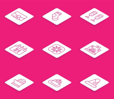 Noel kartpostalı, çorap, bir kadeh şampanya, takvim, kar tanesi, şömine, eldiven ve kek ikonu. Vektör