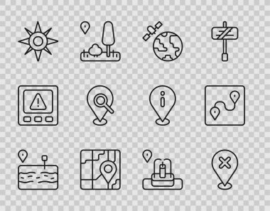 Hattı bozmuş, çapraz işaretli konum, gezegenin yörüngesinde uydular, şehir haritası navigasyonu, rüzgar gülü, arama yeri, çeşme ve güzergah simgesi. Vektör