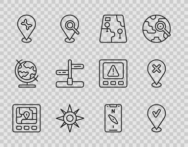Haritalı GPS cihazı, konum kontrol işareti, şehir navigasyonu, rüzgar gülü, araba servisi, trafik ışığı, pusula mobil ve çapraz simge. Vektör