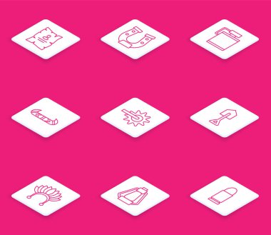 Set hattı Arananlar afişi, At nalı, kantin su şişesi, kano ve kürek, mahmuz, kürek, tüylü Kızılderili başlığı ve kamp feneri ikonu. Vektör