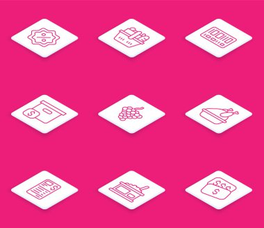 İndirim yüzde etiketi, alışveriş sepeti ve yiyecek, barkod, karton karton kutu, üzümlü meyve, kızarmış hindi veya tavuk, kağıt para çeki ve havyar ikonu. Vektör