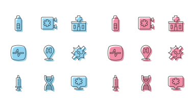 Şırınga, DNA sembolü, dijital termometre, konum hastanesi, eklem ağrısı, diz ağrısı, kalp atış hızı ve acil durum - Yaşam Yıldızı ikonu. Vektör
