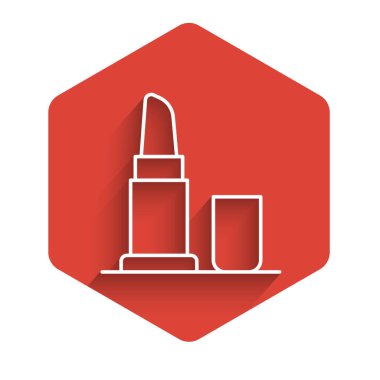 Uzun gölgeli beyaz çizgi ruj simgesi izole edildi. Kırmızı altıgen düğmesi. Vektör