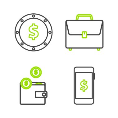 Dolar sembollü akıllı telefon, cüzdan paraları, evrak çantası ve para ikonu. Vektör