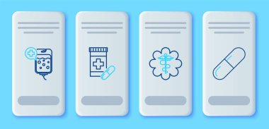 İlaç şişesi ve hapları hazırlayın, acil durum yıldızı tıbbi sembolü Caduceus yılanı sopa, serum torbası ve tablet ikonu. Vektör