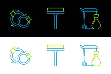 Çöp tenekesini, bulaşık makinesini, temizleyiciyi, kazıyıcıyı, silecek ikonunu ayarla. Vektör