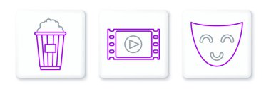 Çizgiyi Komedi Tiyatro Maskesi, karton kutuda patlamış mısır ve Video Simgesi Oynat. Vektör