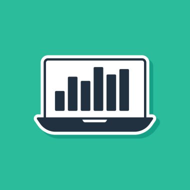 Yeşil arkaplanda grafik grafik simgesi olan mavi dizüstü bilgisayar. Metin dosya simgesini rapor et. Muhasebe tabelası. Denetim, analiz, planlama. Vektör