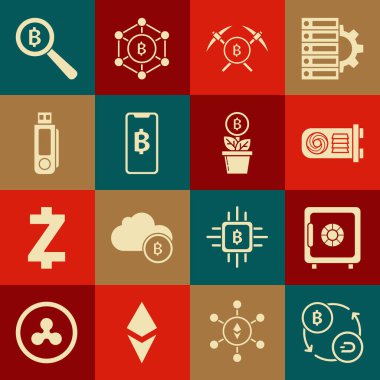 Kripto para değişimi, kasa, madencilik çiftliği, çapraz kazma, telefon ve kripto para birimi Bitcoin, USB flash disk, büyüteç ve saksı simgesini yerleştir. Vektör
