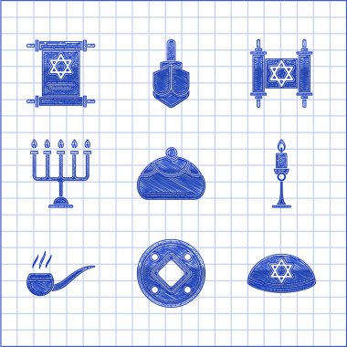Yahudi pastanesi, madeni para, kippah David 'in yıldızı, yanan mum şamdanı tüten pipo dumanı, Hanuka menorası, Tevrat parşömeni ve ikonu. Vektör