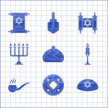 Set Jewish sweet bakery, coin, kippah with star of david, Burning candle candlestick, Smoking pipe smoke, Hanukkah menorah, Torah scroll and  icon. Vector clipart