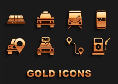 Taksi, telefon hizmeti, benzin ya da benzin istasyonu, güzergah konumu, taksi, tramvay ve tren yolu, çatı ve ikon ile harita işaretleyici ayarlayın. Vektör